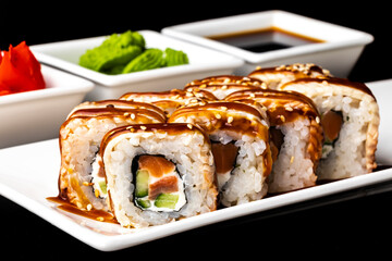 Rolls with tuna, cucumber, avocado and sesame seeds on a white plate on a dark background. Sushi menu. Japanese food.
