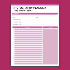 Fototapeta premium photography planner, equipment list