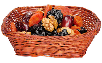 Dried fruits in basket isolated on white background