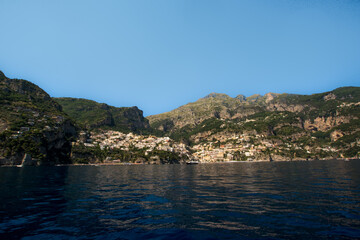 Panoramic view of Positano, Located at the centre of Amalfi coast from the middle of  the sea, Gulf of Naples, South Italy.