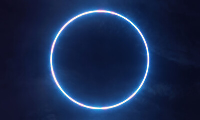 Circle shape geometry with glowing blue and purple led light and cloud mist background