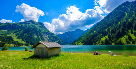 Vilsalpsee (Vilsalp Lake) at Tannheimer Tal, beautiful mountain scenery in Alps at Tannheim,...