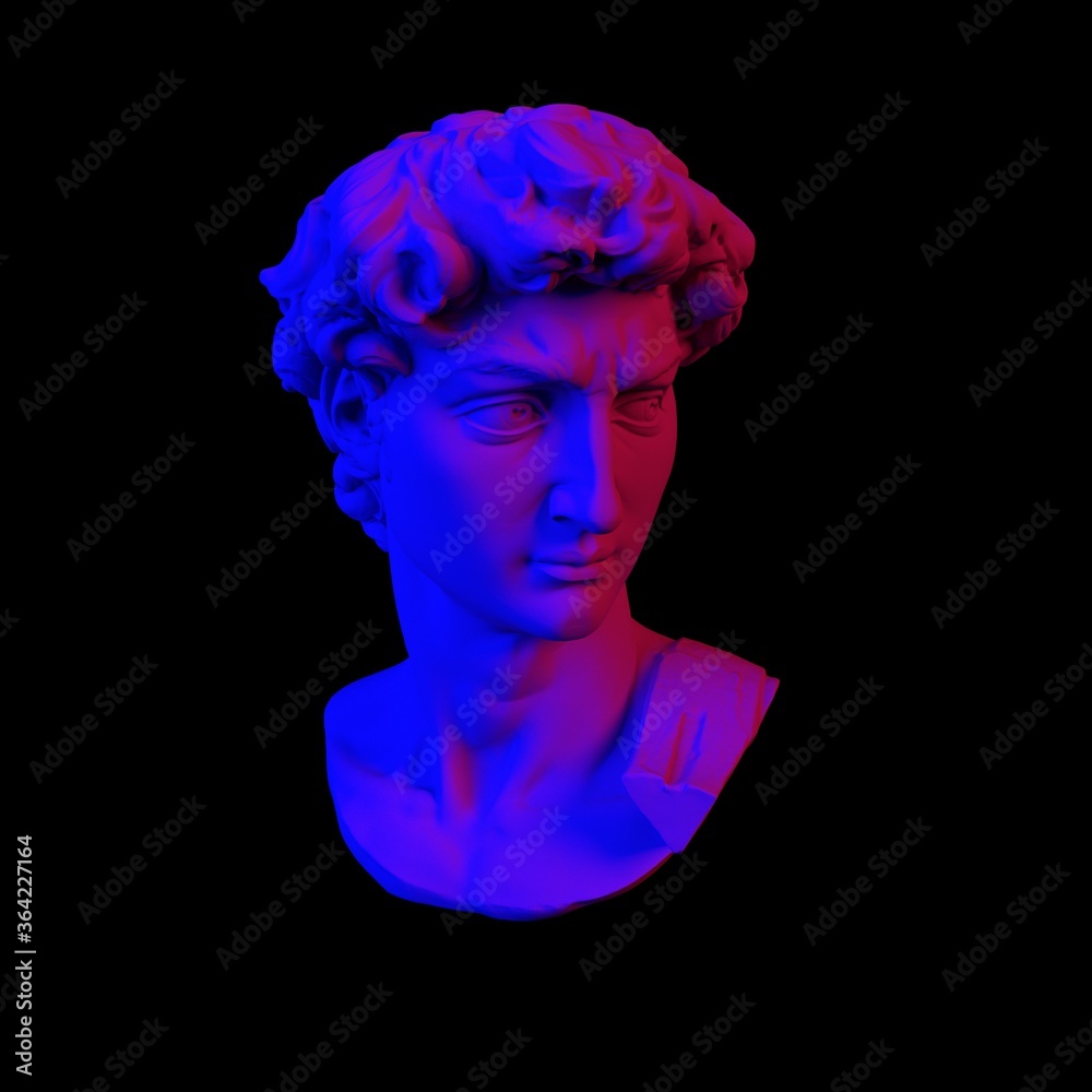 Poster 3D rendering of Michelangelo's David head in neon lightning. Classical sculpture in vaporwave retrofuturistic style.