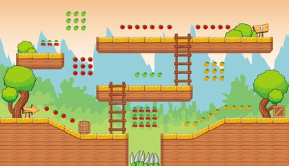 Tile set platform for game, A set of layered vector game asset, contains background, 
ground tiles and several items, objects, decorations, used for creating mobile games
