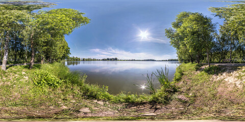 seamless spherical hdri panorama 360 degrees angle view on grass coast of small lake or river in...