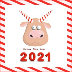 Year of the bull postcard square. Funny christmas character ox. 2021, vector illustration.