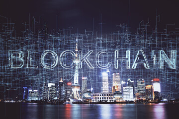 Plakat Multi exposure of cryptocurrency theme hologram drawing and city veiw background. Concept of blockchain and bitcoin.