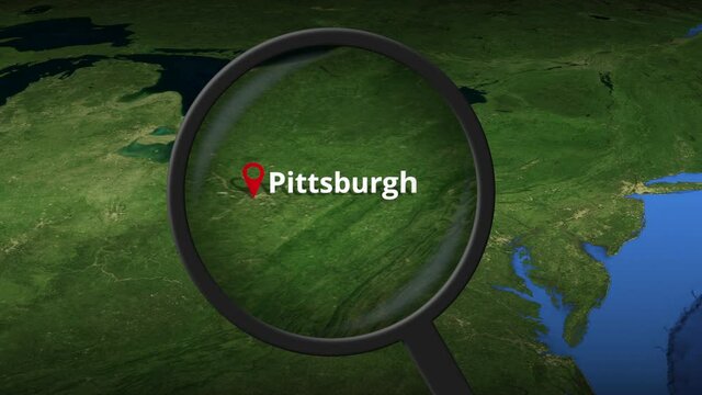 Magnifying glass finds Pittsburgh city on the map, 3d rendering