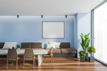 Blue dining room interior with poster