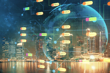 Data theme hologram drawing on city view with skyscrapers background multi exposure. Ai concept.
