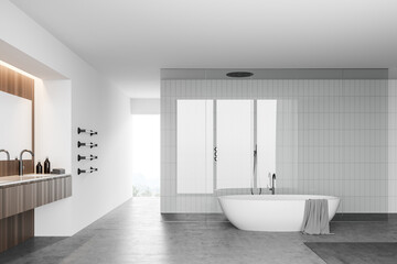 White bathroom with tub, sink and shower