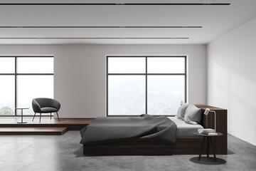 Fototapeta na wymiar White master bedroom with armchair, side view