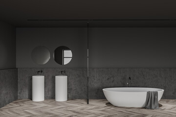 Fototapeta na wymiar Loft grey bathroom with double sink and tub