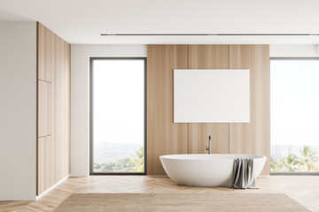 White and wooden bathroom, tub and poster
