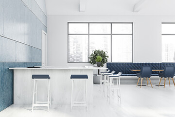 White and blue pub interior with bar counter