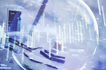 Double exposure of business theme icons and work space with computer background. Concept of success.