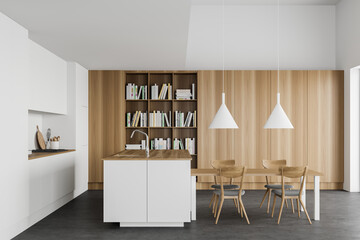 White kitchen with table and bookcase