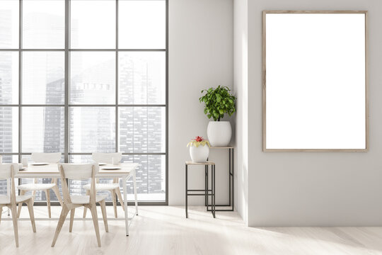 Beige panoramic dining room with poster