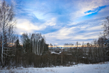 Unusually lit cirrus clouds over a winter forest. Trees with bare branches.