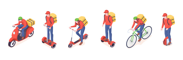 Delivery service eco transport vector isometric icons of food delivery courier man. Delivery service couriers on eco vehicles, bicycle, electric scooter, monowheel and motorcycle delivering parcels © Sensvector