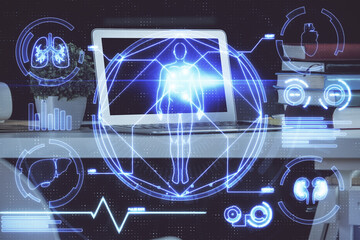 Desktop computer background and education theme drawing. Double exposure. Study concept.