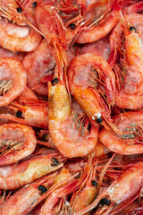 Group of boiled frozen wild shrimp with caviar cooked in sea water. Background of lot small aquatic crustaceans. Prawn - East Asia delicacy cuisine as an appetizer. Close-up flat lay view of seafood.