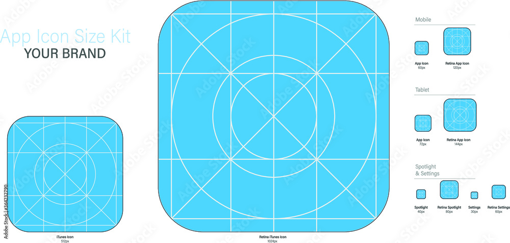 Fototapete ready to use guide and sizing for application logo, vector app icon size set, application icon size 