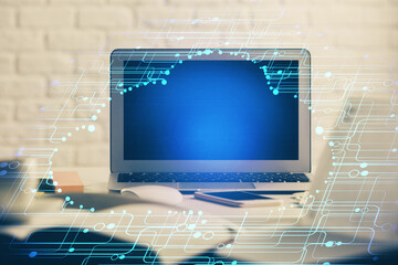Multi exposure of desktop computer and technology theme hologram. Concept of software development.