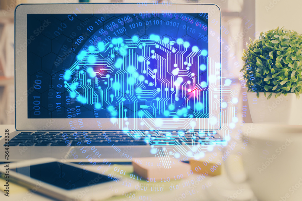 Poster double exposure of work space with computer and human brain drawing hologram. brainstorm concept.