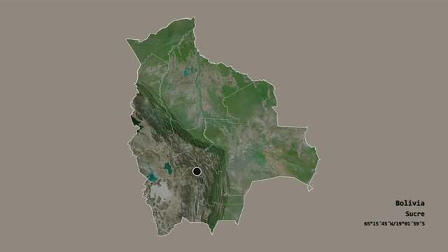 Oruro, department of Bolivia, with its capital, localized, outlined and zoomed with informative overlays on a satellite map in the Stereographic projection. Animation 3D
