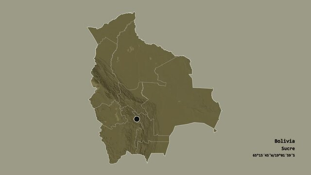 Pando, department of Bolivia, with its capital, localized, outlined and zoomed with informative overlays on a administrative map in the Stereographic projection. Animation 3D