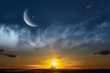 Ramadan background with a crescent and sunset sky .  beautiful dawn in the morning
