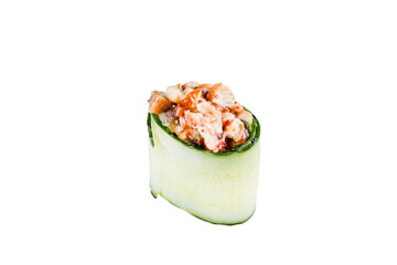 Japanese Gunkan Green Sushi with Unagi eel and flying fish roe. Tobiko caviar, rice, Philadelphia cheese and eel wrapped in cucumber. Side view Pan Asian dish Gunkan Maki isolated on white background.