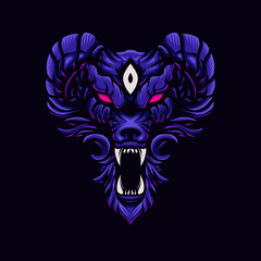 Vector illustration of Angry Wolf Pink Purple with a big mouth open and sharp teeth fang on the Purple Background. Hand-drawn illustration for mascot sport logo poster t-shirt printing. Vector Logo