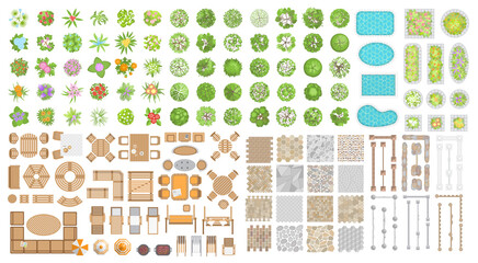 Vector set for landscape design. Outdoor furniture, architectural elements, trees and flowers. (top view) Fences, paths, tile, benches, tables, chairs, sun loungers, umbrellas. (view from above)