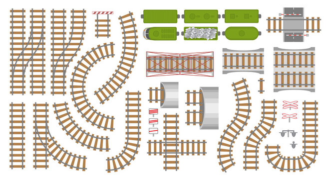 Vector set. Railroad and railway tracks construction elements. Top view. Rails, tunnels, bridges, wagons and elements. View from above.
