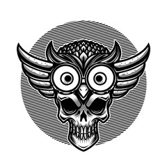 Vector illustration of Awesome Skull Head with a Smile, Owl mask, horn, headband and Fur on the White Background. Hand-drawn illustration for mascot sport logo poster t-shirt printing. Vector Logo