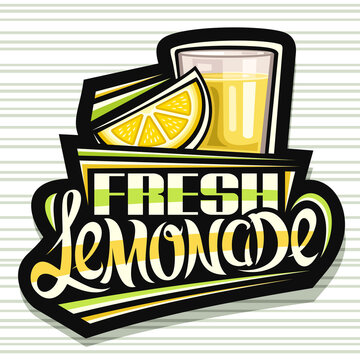 Vector logo for Fresh Lemonade, dark decorative signage with illustration of lemon slice and lemonade in glass, fruit concept with unique lettering for words fresh lemonade on grey striped background.