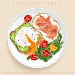 Top view of delicious breakfast set isolated on beige background : Vector Illustration - 364236348