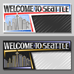 Vector layouts for Seattle with copyspace, decorative voucher with illustration of modern seattle city scape on day and dusk sky background, art design tourist coupon with words welcome to seattle.