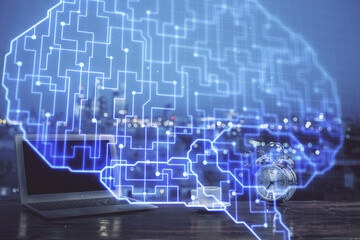 Double exposure of work table with computer and brain sketch hologram. Brainstorming concept.