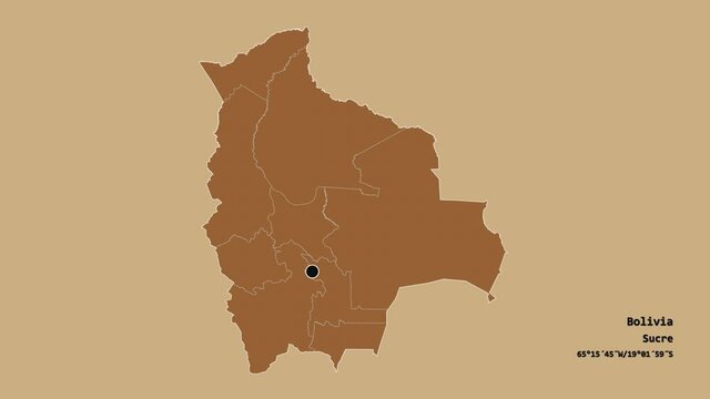 Pando, department of Bolivia, with its capital, localized, outlined and zoomed with informative overlays on a solid patterned map in the Stereographic projection. Animation 3D