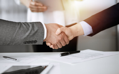 Fototapeta premium Business people shaking hands finishing contract signing in sunny office, close-up. Handshake and marketing