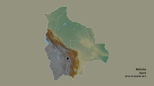 Pando, department of Bolivia, with its capital, localized, outlined and zoomed with informative overlays on a relief map in the Stereographic projection. Animation 3D