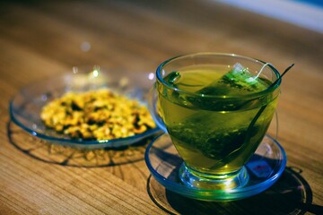 Tea bags, cups and walnuts