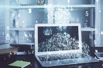 Technology theme drawing and work space with computer. Multi exposure. Concept of innovation.