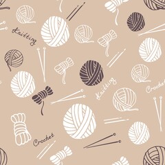 Seamless pattern with balls of thread and yarn, knitting needles ,crochet hooks, inscriptions. Endless texture of white and brown elements and lettering on a beige gray background. For knit project