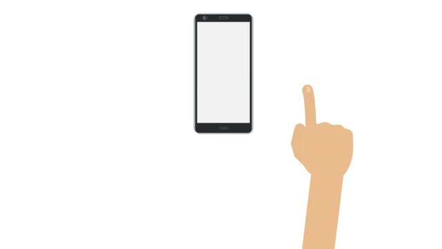 Animation of the hand and phone. Touch screen smartphone, alpha channel enabled. Swipe cartoon