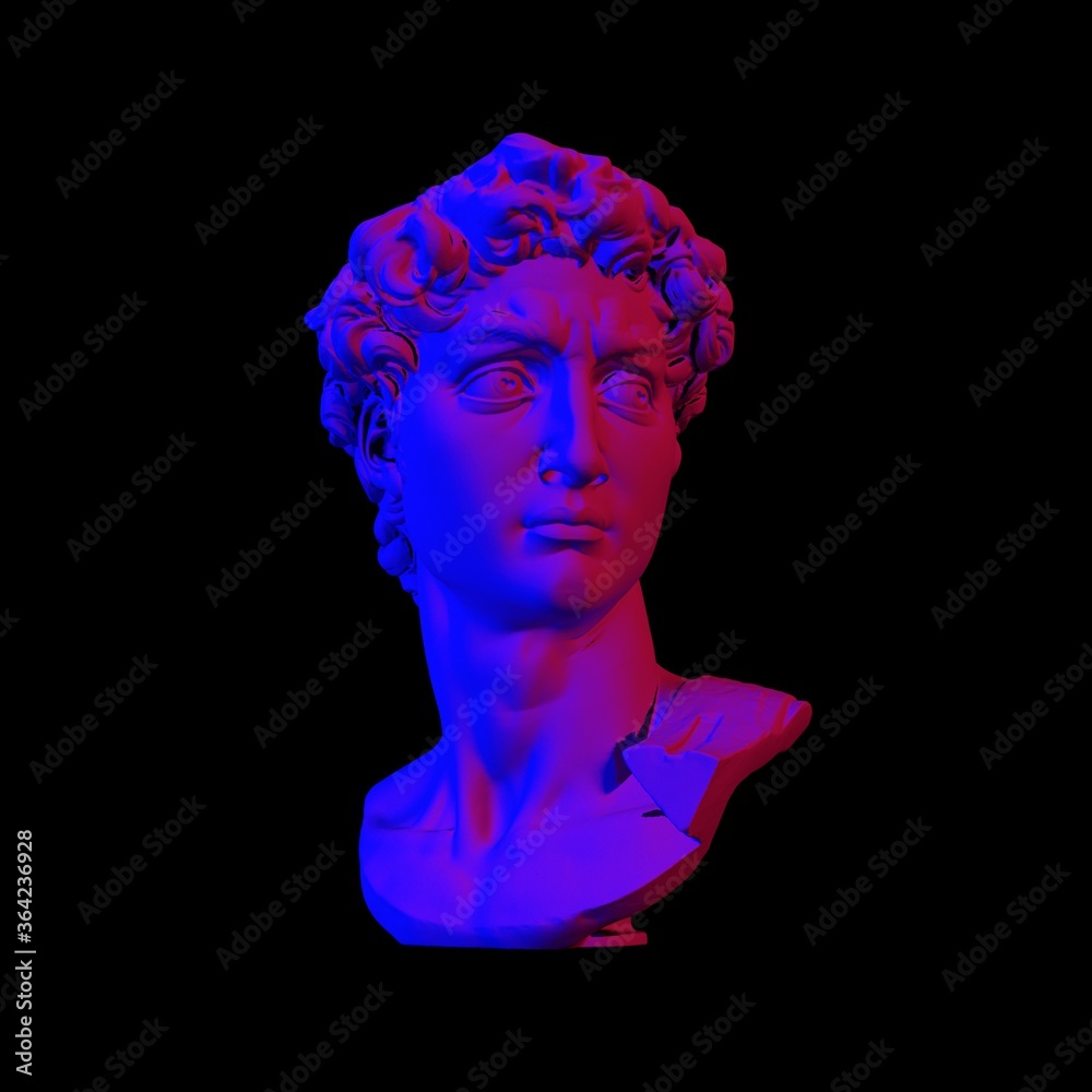 Poster 3d rendering of michelangelo's david head in neon pink and blue lightning. classical sculpture in va