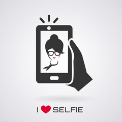 I love selfie. Selfie icon. Trendy woman taking a self portrait on smartphone. Vector illustration.